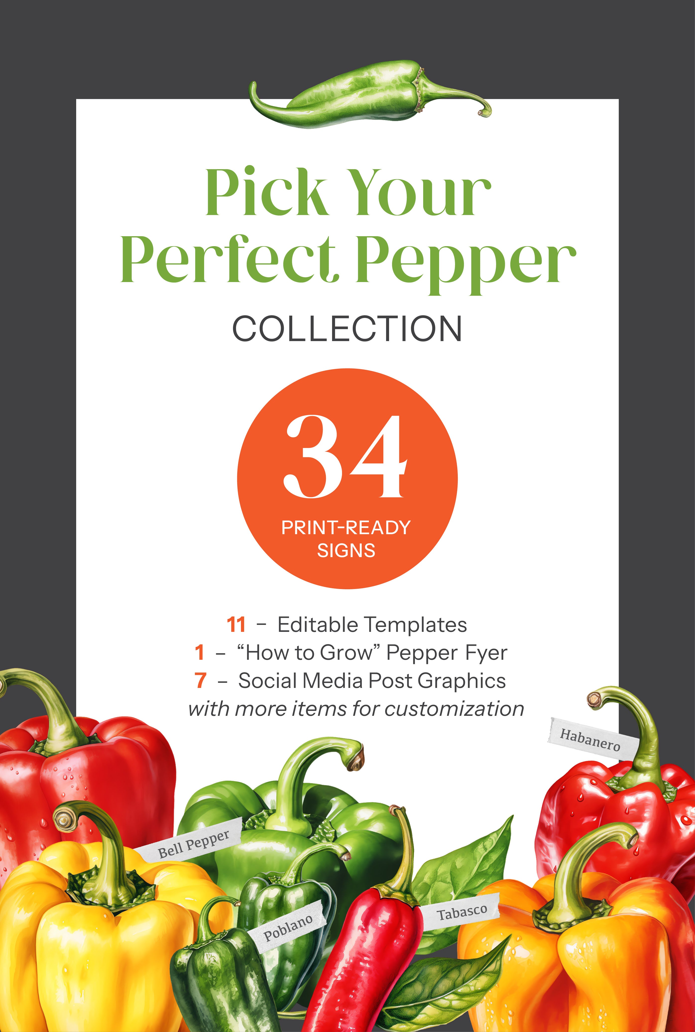 Promotional graphic for 'Pick Your Perfect Pepper' collection with colorful peppers and text on a white background.