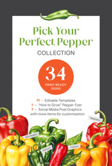 Promotional graphic for 'Pick Your Perfect Pepper' collection with colorful peppers and text on a white background.