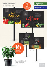 Bench card sizes for bell pepper, chili pepper, poblano, and arbol plants with growing tip information.