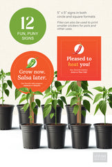 Promotional image of potted plants with chili pepper-themed signs.