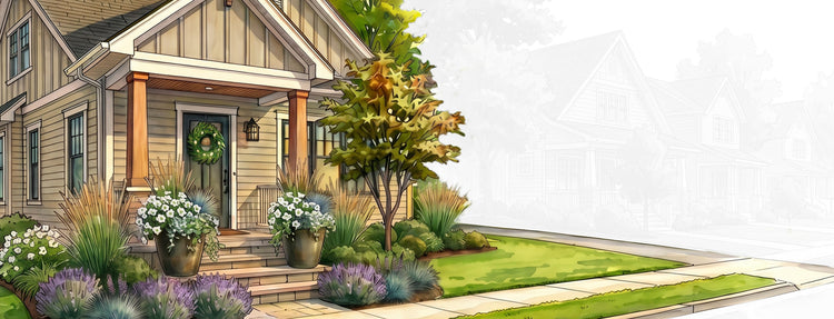 A digital illustration of a charming cottage-style house with beige siding, a green front door, a wreath, a small tree, and landscaped gardens, set against a bright white background with a faint architectural rendering of another house.