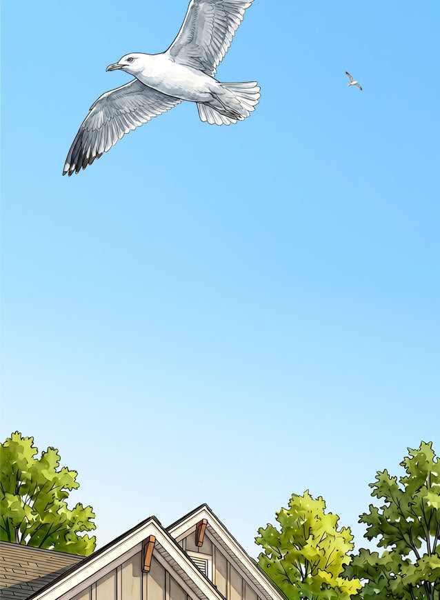 Illustrated scene of a seagull flying across a bright blue sky above the rooftops and green trees of a house.