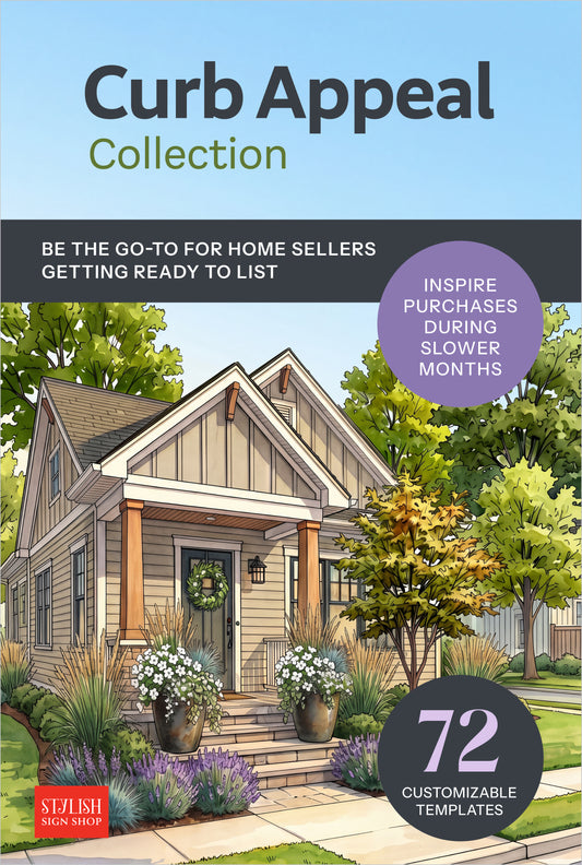 Promotional graphic for the Curb Appeal Collection featuring an illustrated house with landscaping, text about home sellers, and badges including '72 Customizable Templates' .