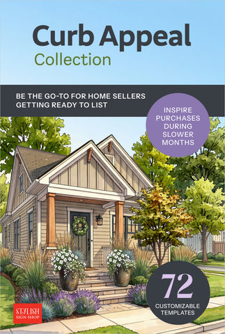 Promotional graphic for the Curb Appeal Collection featuring an illustrated house with landscaping, text about home sellers, and badges including '72 Customizable Templates' .