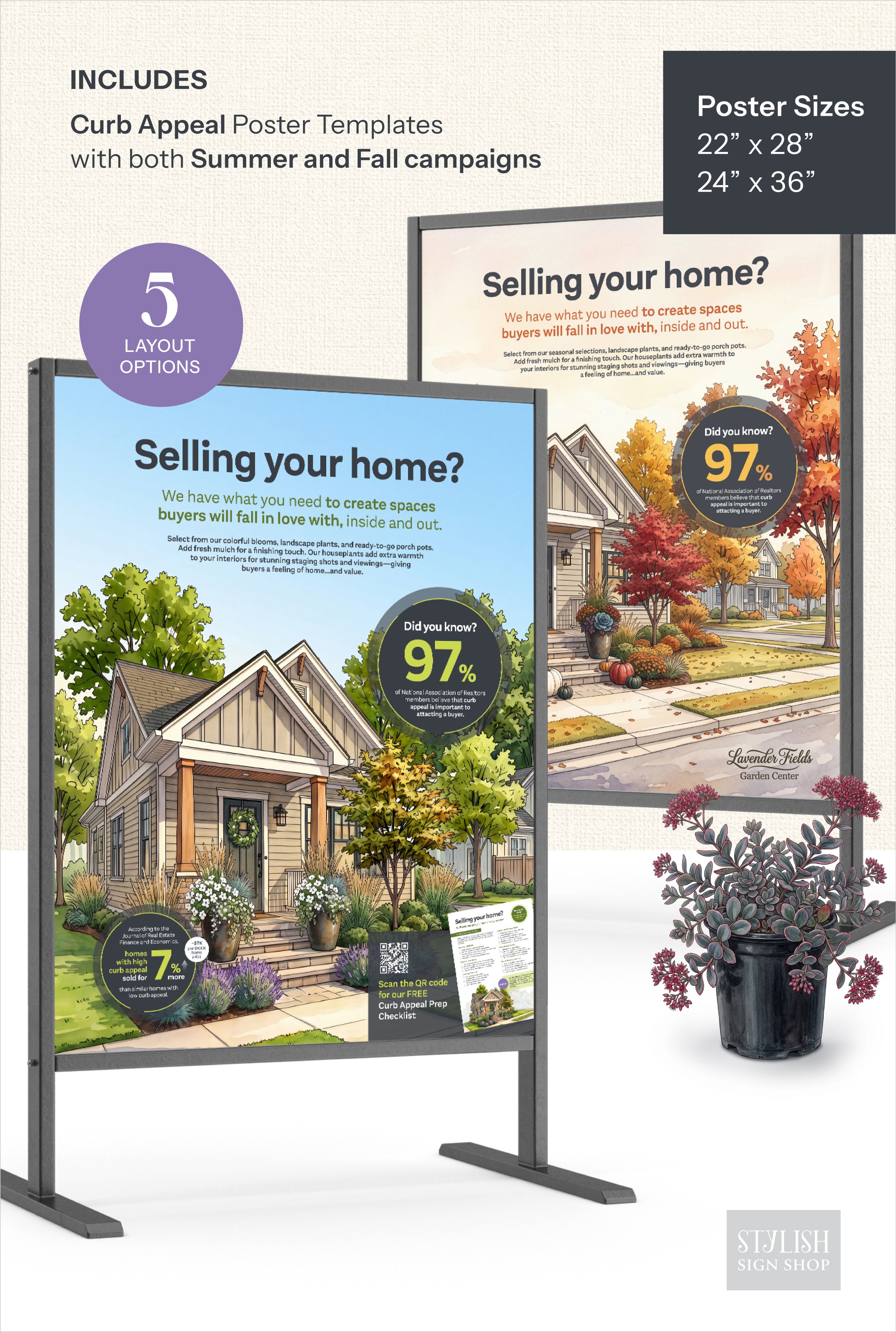 A digital mockup showing two freestanding summer and fall poster signs on black metal stands, with a potted plant in front. Text at the top says the package includes curb appeal poster templates for summer and fall campaigns, with poster sizes listed as 22 x 28, 24 x 36, and 5 layout options.