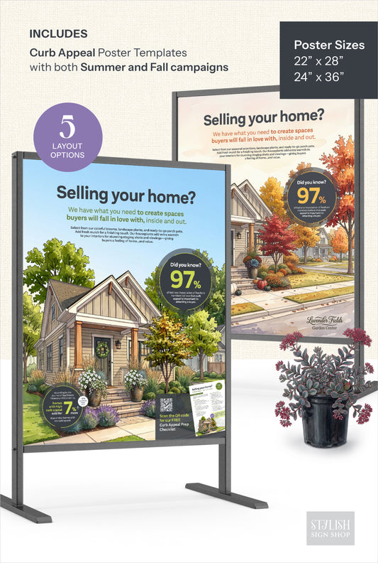 A digital mockup showing two freestanding summer and fall poster signs on black metal stands, with a potted plant in front. Text at the top says the package includes curb appeal poster templates for summer and fall campaigns, with poster sizes listed as 22 x 28, 24 x 36, and 5 layout options.