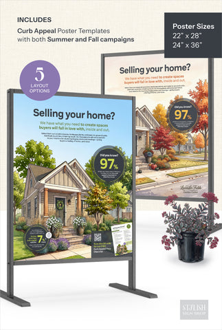 A digital mockup showing two freestanding summer and fall poster signs on black metal stands, with a potted plant in front. Text at the top says the package includes curb appeal poster templates for summer and fall campaigns, with poster sizes listed as 22 x 28, 24 x 36, and 5 layout options.