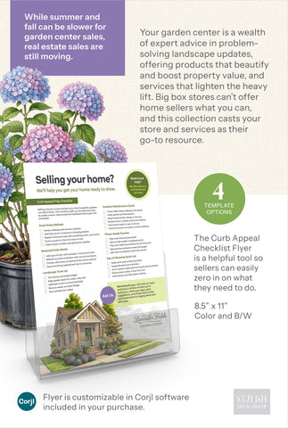 A flyer template product mockup for a Curb Appeal Checklist Flyer with text explaining customization options and software compatibility.
