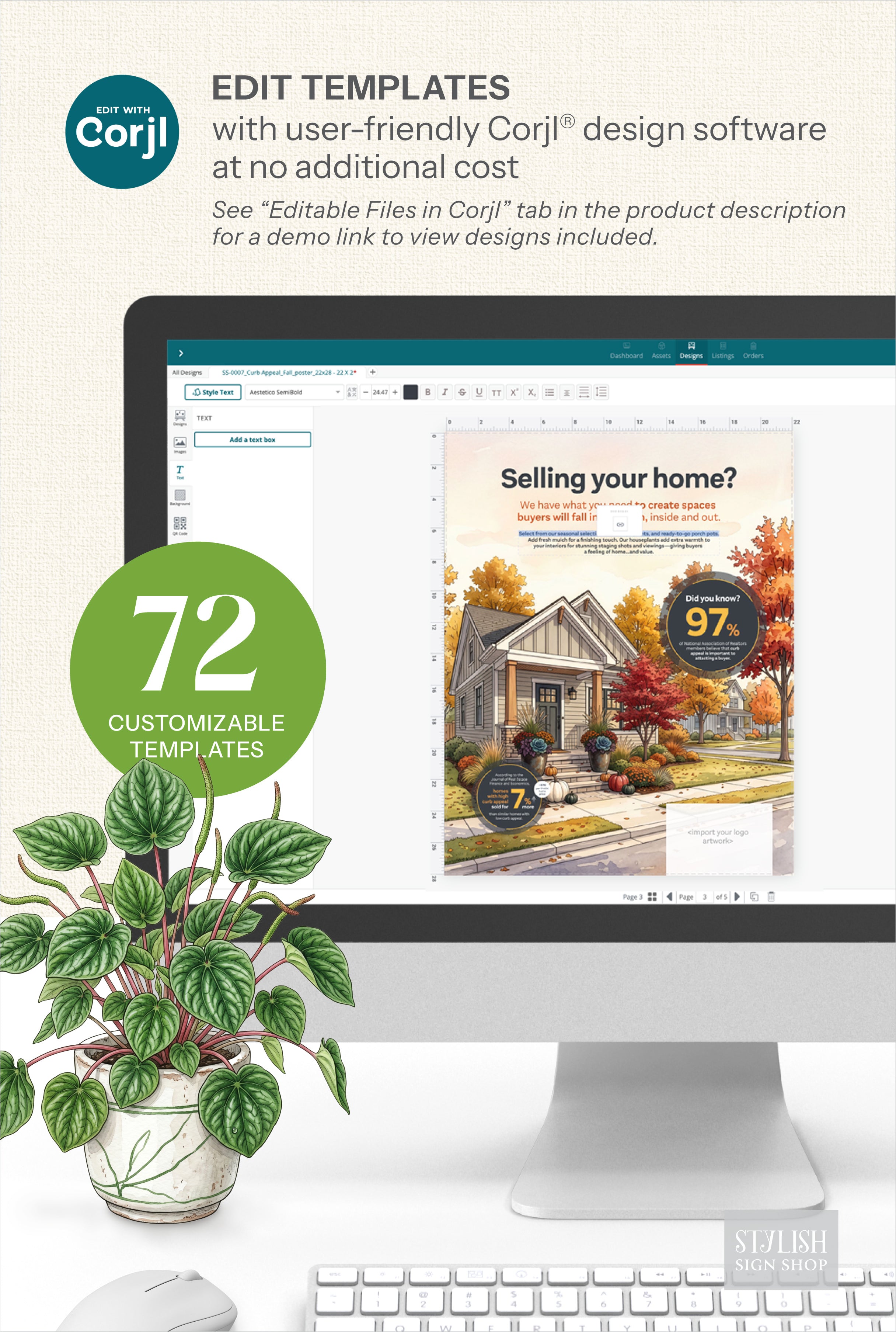 Promotional graphic for Corjl template editing software showing a desktop monitor with a poster template displayed on screen, alongside a potted plant and keyboard on a light background. Text reads 'EDIT TEMPLATES with user-friendly Corjl design software at no additional cost' and '72 customizable templates.