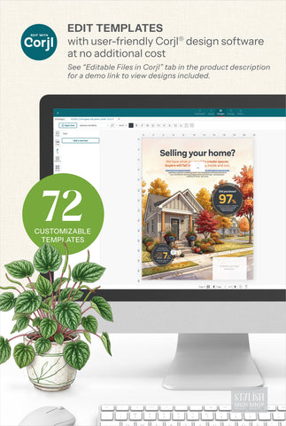 Promotional graphic for Corjl template editing software showing a desktop monitor with a poster template displayed on screen, alongside a potted plant and keyboard on a light background. Text reads 'EDIT TEMPLATES with user-friendly Corjl design software at no additional cost' and '72 customizable templates.