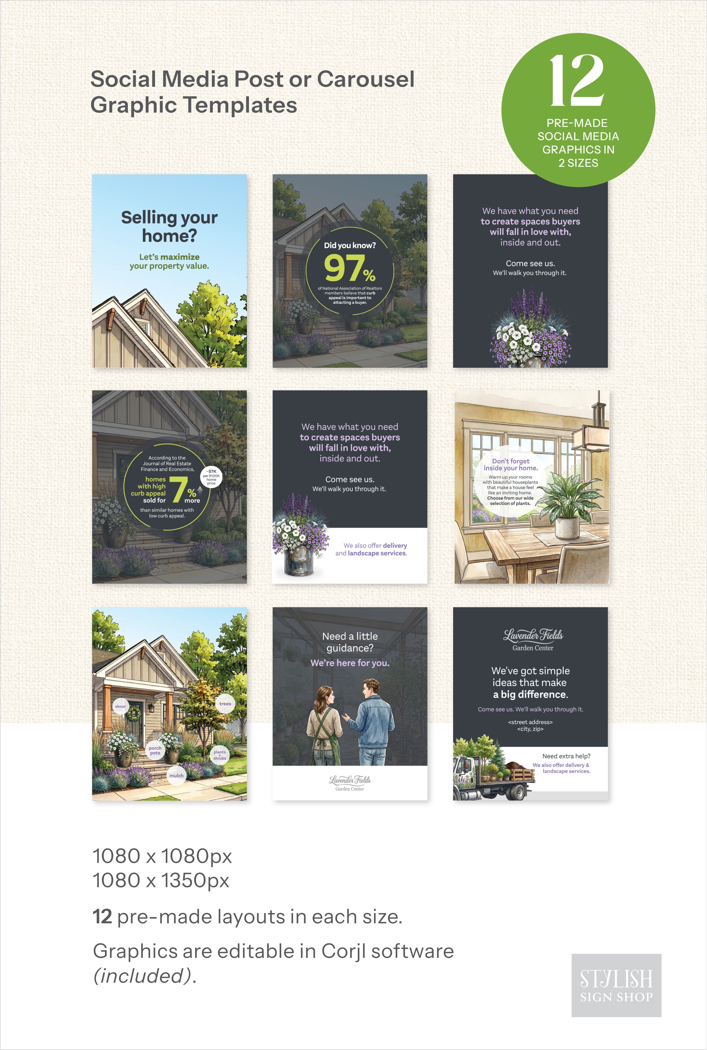 A promotional graphic for social media post or carousel graphic templates, showing a grid of 12 template designs. The image includes text specifications: '1080 x 1080px, 1080 x 1350px', '12 pre-made layouts in each size.