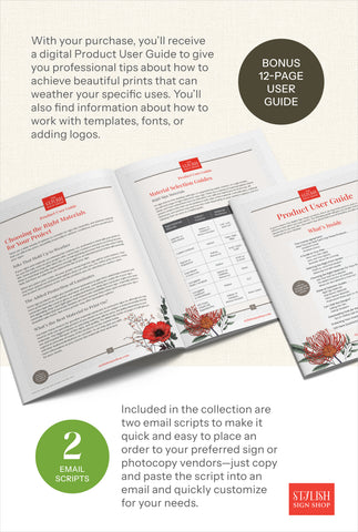 Promotional graphic for a digital Product User Guide collection, showing three open guide pages with red and black text and floral accents, plus marketing text and badge callouts on a light beige background.