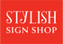 Logo of Stylish Sign Shop with a red background and white text.